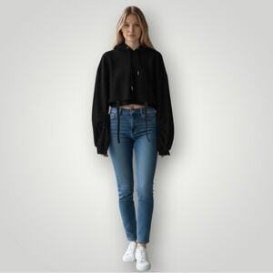 Manière De Voir Black Cropped Hoodie‎ 12 Drawstring Hem Streetwear Ruched